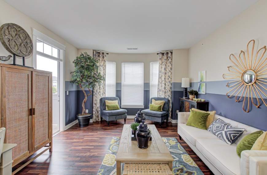 Model Living Room in Greenwood apartments.